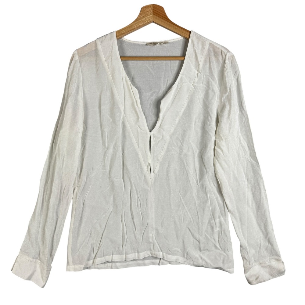 Maje E15 Liane White V-Neck Long Sleeve Sheer Pullover Top Size 2 Casual Blouse‎